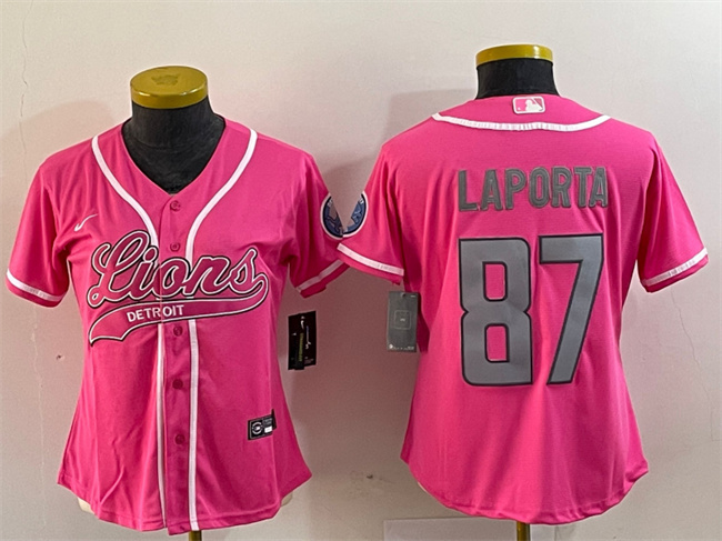Youth Detroit Lions #87 Sam LaPorta Pink With Patch Cool Base Stitched Baseball Jersey